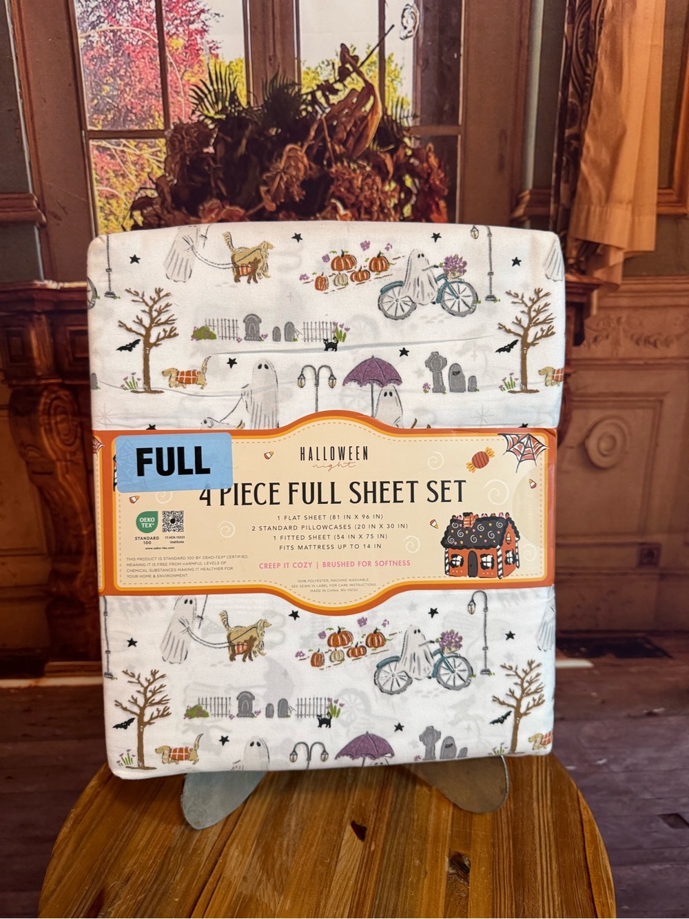 Halloween Full Sheet Set NWT Bicycle Ghost Pumpkins Summerween Fall Dogs